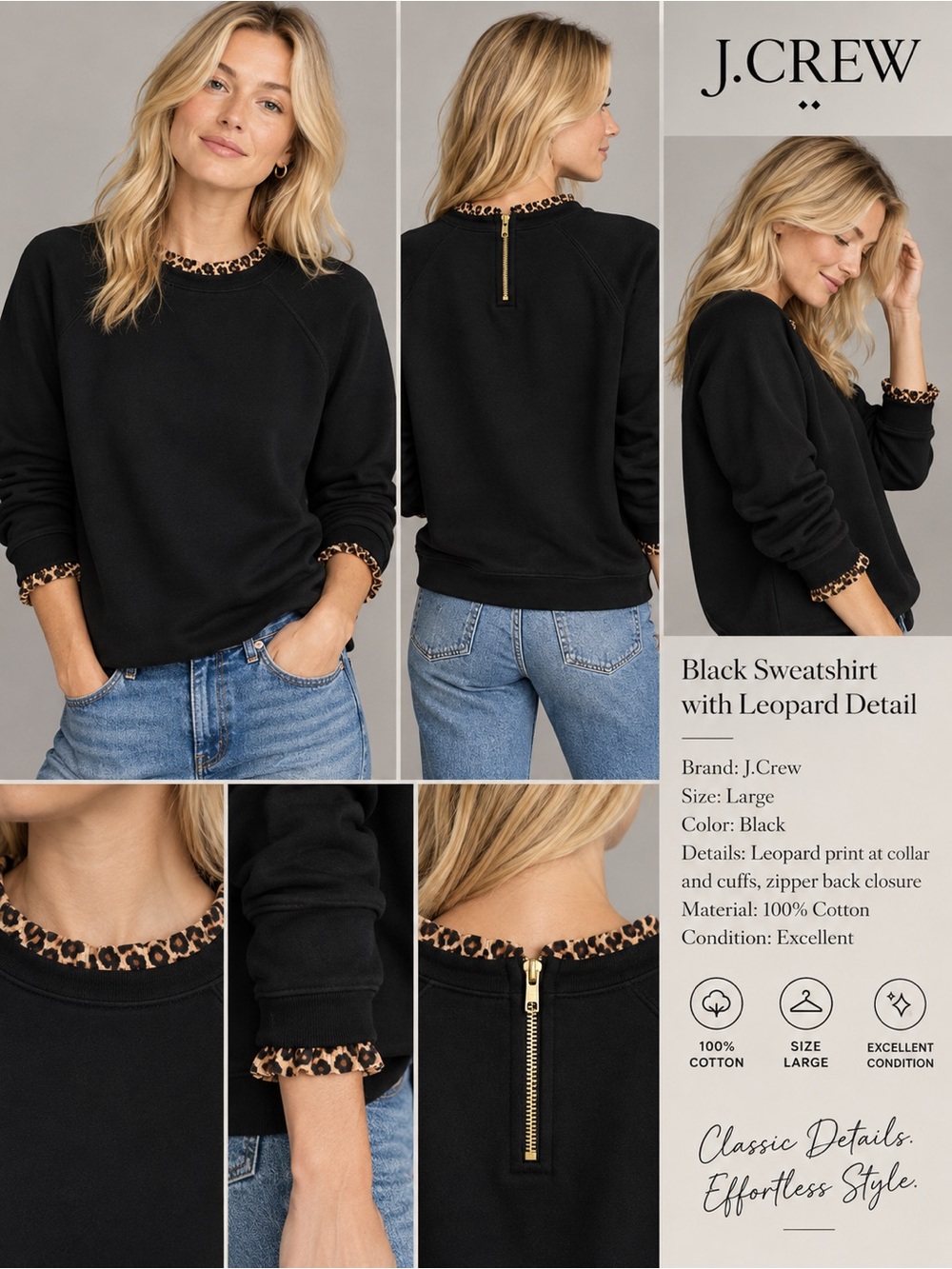 J.Crew Black 100% Cotton Sweatshirt Leopard Trim Back Zip Size Large